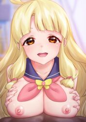  a-plug absurdres blonde_hair blush breast_hold breasts detached_collar female hahajima_fuwari_(shadowverse_flame) highres large_breasts long_bangs looking_at_viewer nipples orange_eyes ribbon shadowverse shadowverse_(anime) shadowverse_flame smile 