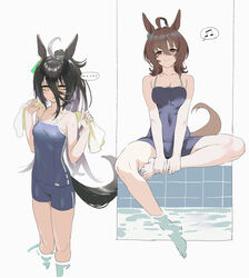  ... 2girls agnes_tachyon_(umamusume) ahoge alternate_hairstyle animal_ears barefoot black_hair blue_one-piece_swimsuit breasts brown_hair commentary covered_navel ear_ornament feet hair_between_eyes hands_on_feet highres holding holding_towel horse horse_ears horse_girl horse_tail long_hair manhattan_cafe_(umamusume) multiple_girls multiple_views musical_note one-piece_swimsuit partially_submerged ponytail pool red_eyes sarcophage school_swimsuit simple_background sitting small_breasts smile soaking_feet spoken_ellipsis spoken_musical_note swimsuit tail thighs toenails toes towel tracen_swimsuit umamusume wading wet white_background wiping_body yellow_eyes 