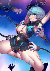  armpits arms_up blue_hair breasts clothing_cutout disembodied_hand female hair_over_one_eye highres kagerou:_darkside_princess laegrinna large_breasts navel navel_cutout panties short_hair solo sweat tukiwani underwear yellow_eyes 