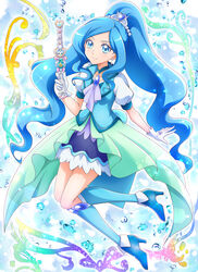  blue_background blue_eyes blue_footwear blue_hair blue_neckwear blue_skirt blue_socks blue_theme blue_vest choker closed_mouth commentary_request cure_fontaine earrings female full_body gloves hair_ornament hanzou healin&#039;_good_precure healing_animal healing_wand heart_wand high_ponytail highres holding holding_wand jewelry kneehighs layered_skirt long_hair looking_at_viewer magical_girl pegitan_(precure) ponytail precure puffy_sleeves sawaizumi_chiyu shoes skirt smile socks solo split_ponytail vest wand white_gloves 