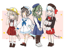  4girls :3 animal_ears blonde_hair blue_eyes blush brown_hair canine cat_ears cat_girl cat_tail chinese_commentary commentary_request demon_girl demon_horns demon_tail dress full_body green_hair hat horns hugging_object idconnect+ longmei mily_(vtuber) multicolored_hair multiple_girls one_eye_closed pale_skin pointy_ears rerei rerei_(artist) rubbing_eyes school_uniform tail virtual_youtuber yellow_eyes zhoumo 