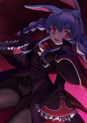  absurdres animal_ear_fluff animal_ears blazblue blazblue:_cross_tag_battle blue_hair braid clenched_hand cosplay female highres hololive long_hair looking_down open_mouth rabbit_ears rachel_alucard rachel_alucard_(cosplay) red_eyes ruipi solo twin_braids twintails usada_pekora virtual_youtuber 