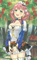  apple atelier_(series) atelier_escha_&amp;_logy barrel belt_pouch black_skirt blush bracelet braid breasts choker cleavage escha_malier female food fruit fur_trim green_eyes hair_ornament hani_(udauda) hat jewelry long_hair looking_at_viewer medium_breasts open_mouth outdoors pink_hair pouch skirt smile solo standing tail thighhighs tree twintails zettai_ryouiki 