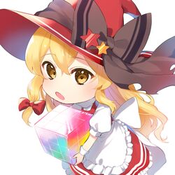  apron black_bow blonde_hair bow cube dress female hair_between_eyes hairbow hat hat_bow highres holding jill_07km kirisame_marisa kirisame_marisa_(witch_of_scarlet_dreams) long_hair looking_at_viewer multicolored_hair open_mouth puffy_short_sleeves puffy_sleeves red_bow red_dress red_hat short_sleeves simple_background solo standing star_(symbol) touhou touhou_lostword white_apron white_background white_bow white_sleeves witch_hat wrist_cuffs yellow_eyes 