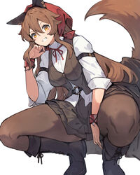  animal_ears black_footwear black_pantyhose black_skirt black_vest boots breasts brown_hair clenched_teeth female grin highres lansane long_hair looking_at_viewer medium_breasts neck_ribbon original pantyhose red_ribbon ribbon shirt simple_background skirt sleeves_past_elbows smile solo squatting tail teeth thighs tsana_(lansane) vest white_background white_shirt wolf_ears wolf_girl wolf_tail 