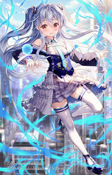  bare_shoulders black_jacket blue_footwear blue_necktie blue_sky blurry blurry_background building center_frills closed_mouth cloud cloudy_sky commentary_request day depth_of_field female frills fujima_takuya grey_hair grey_skirt hair_between_eyes jacket kagamihara_azumi long_hair long_sleeves looking_at_viewer necktie outdoors pleated_skirt red_eyes shirt shoes skirt sky sleeveless sleeveless_shirt smile solo thighhighs two_side_up very_long_hair white_shirt white_thighhighs z/x 