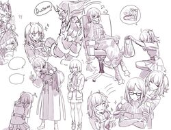  2boys 3girls apologizing braiding_hair chair commentary_request csyday fate/grand_order fate_(series) fujimaru_ritsuka_(female) fujimaru_ritsuka_(female)_(polar_chaldea_uniform) giving glasses hairdressing hood hood_up kneeling mash_kyrielight mask monochrome multiple_boys multiple_girls prince_of_lan_ling_(fate) scolding sitting speech_bubble xiang_yu_(fate) yu_mei-ren_(fate) 