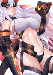  absurdres armor barcode barcode_tattoo bare_shoulders black_panties breasts commentary cowboy_shot dutch_angle english_commentary extra faulds female gauntlets glint headpiece highres holding holding_sword holding_weapon honkai_(series) honkai_impact_3rd large_breasts long_hair looking_at_viewer mask navel noise_paper oerba_yun_fang orange_eyes panties parted_lips reverse_grip solo string_panties swimsuit sword tattoo thighhighs underwear unworn_mask weapon white_hair zombie_(honkai_impact_3) 