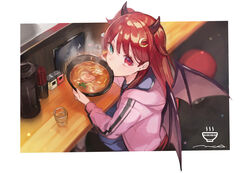  crescent crescent_hair_ornament demon_girl demon_wings eating female food green_eyes hair_ornament heterochromia horns long_hair mogayama nijisanji red_eyes red_hair virtual_youtuber wings yuzuki_roa 