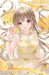  :d bare_arms braid breasts brown_dress brown_hair center_frills collared_dress commentary dress female food frills fruit hair_between_eyes hair_ribbon hand_up highres holding holding_food holding_fruit lemon lemon_print lemon_slice long_hair looking_at_viewer maeda_shiori open_mouth original red_eyes ribbon shirt side_braid signature single_braid sleeveless sleeveless_dress sleeveless_shirt small_breasts smile solo sousouman translated very_long_hair water_drop white_shirt yellow_dress 