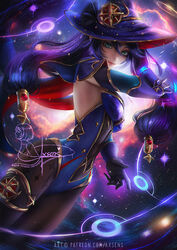  aqua_eyes arm_up artist_name axsen banned_artist black_gloves black_legwear blue_leotard bodystocking cape closed_mouth commentary covered_navel cowboy_shot english_commentary female galaxy genshin_impact gloves hair_ornament hat highres leotard long_hair looking_at_viewer mona_(genshin_impact) nebula pantyhose purple_cape purple_hair purple_headwear solo star_(sky) star_(symbol) star_hair_ornament thighlet twintails witch_hat 