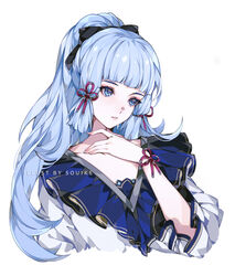  ayaka_(genshin_impact) bangs blue_eyes blue_hair blunt_bangs bracelet collarbone commentary english_commentary english_text female frills genshin_impact hair_ornament hair_ribbon hand_on_own_neck highres jewelry long_hair misshao_00 open_mouth pink_nails ponytail ribbon sidelocks simple_background solo symbol_commentary white_background 