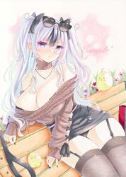  :t azur_lane bare_shoulders black_bow black_bra black_hair black_nails black_panties black_skirt blue_eyes bow bra bra_peek bra_strap breasts brown_choker brown_sweater choker cleavage commentary_request cowboy_shot earrings elbe_(azur_lane) elbe_(pure-hearted_bad_girl)_(azur_lane) eyewear_on_head female grey_thighhighs hairbow highres jewelry large_breasts long_hair long_sleeves looking_at_viewer manjuu_(azur_lane) miniskirt multicolored_hair nail_polish necklace off-shoulder_sweater off_shoulder official_alternate_costume panties partial_commentary pencil_skirt purplepencil sitting skirt solo streaked_hair sunglasses sweater thighhighs thighs traditional_media two_side_up underwear very_long_hair white_hair 