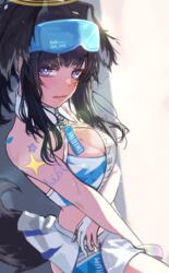  absurdres animal_ears arm_under_breasts bare_shoulders black_hair blue_archive blush breasts cleavage commentary crop_top dog_ears dog_girl dog_tail extra_ears female halo hibiki_(blue_archive) hibiki_(cheer_squad)_(blue_archive) highres kuro_shiraga long_hair looking_at_viewer miniskirt official_alternate_costume purple_eyes shirt skirt sleeveless sleeveless_shirt small_breasts solo sticker_on_arm sticker_on_face sweat tail wavy_mouth white_shirt 