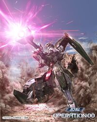  battle_spirits dust green_eyes gun gundam gundam_00 gundam_dynames holding holding_gun holding_weapon kneeling mecha mobile_suit morishita_naochika no_humans official_art rifle robot science_fiction sniper_rifle solo v-fin weapon 