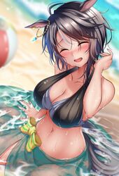  ahoge animal_ears arm_support ball bare_shoulders beach beachball bikini black_bikini black_hair blurry blurry_background blush bow breasts cleavage closed_eyes collarbone commentary_request commission cowboy_shot day dutch_angle ear_ornament ear_piercing facing_viewer female fuji_kiseki_(umamusume) green_sarong hair_between_eyes hand_up horse_ears horse_girl horse_tail large_breasts medium_hair midriff multicolored_hair navel nose_blush ocean open_mouth outdoors piercing rairaisuruyo sarong see-through see-through_sarong shiny_skin short_hair sidelocks sitting skeb_commission smile solo swimsuit tail umamusume wet white_hair yellow_bow 