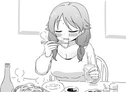  alcohol beer beer_bottle blush breasts chopsticks cleavage closed_eyes collarbone cup dumpling eating female food greyscale holding holding_chopsticks holding_cup idolmaster idolmaster_cinderella_girls jiaozi katagiri_sanae large_breasts monochrome nishino_hikoji on_chair short_twintails sitting solo soy_sauce steam sweatdrop twintails upper_body 