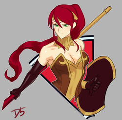  bare_shoulders black_gloves breasts circlet collarbone cropped_torso drill_(emilio) elbow_gloves female gloves green_eyes grey_background hair_between_eyes highres holding holding_polearm holding_shield holding_weapon large_breasts light_smile long_hair looking_at_viewer polearm pyrrha_nikos red_hair rwby shield short_ponytail simple_background solo spear strapless upper_body weapon 