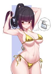  alice_gear_aegis aomoro armpits arms_up bikini black_hair blunt_bangs blunt_ends blush breasts closed_mouth collarbone cowboy_shot eyelashes female female_pubic_hair gold_bikini gradient_hair groin hasami_rika highres large_breasts looking_to_the_side micro_bikini multicolored_hair navel ponytail pubic_hair purple_hair red_eyes revision shadow side-tie_bikini_bottom sidelocks signature skindentation solo swimsuit thighs thought_bubble tying_hair 