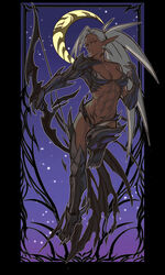  abs absurdres bow_(weapon) breasts crescent_moon dark-skinned_female dark_elf dark_skin drill_(emilio) ear_piercing elf female full_body highres long_hair medium_breasts moon muscular muscular_female neytharone_(drill_(emilio)) original outline piercing pointy_ears pubic_tattoo red_eyes solo starry_moon stomach tattoo very_long_hair weapon white_hair white_outline 