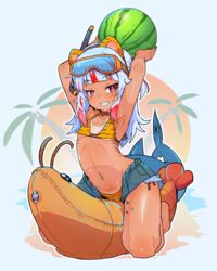  animal_print bikini blue_hair blunt_bangs female fins fish_tail food fruit gawr_gura grey_hair gyaru highres hololive hololive_english inflatable_toy looking_at_viewer moral_cacoethes multicolored_hair red_eyes red_hair reflect_(gawr_gura) shark_girl shark_tail short_shorts shorts shrimp smile snorkel_mask streaked_hair swimsuit tail tan tanlines tiger_print virtual_youtuber watermelon 