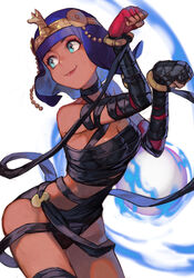  alternate_costume asymmetrical_gloves bandages beads blue_eyes breasts choker circlet closed_mouth crown crystal_ball dark-skinned_female dark_skin egyptian egyptian_clothes female gloves hungry_clicker medium_breasts medium_hair menat mummy paw_pose purple_hair red_gloves sarashi simple_background smile solo street_fighter street_fighter_v white_background 