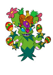  2020 3_fingers absurd_res alien arm_markings banana blue_eyes carmen_(lilo_and_stitch) cherry claws crossover digital_media_(artwork) disney elemental_creature experiment_(lilo_and_stitch) fingers flat_colors flora_fauna flower flower_(anatomy) food fruit generation_5_pokemon grape green_body hi_res holding_musical_instrument holding_object hybrid lilo_and_stitch maraca maractus markings musical_instrument nintendo open_mouth open_smile percussion_instrument pineapple plant pokemon pokemon_(species) purple_mouth purple_nose purple_tongue simple_background smile solo tombola1993 tongue white_background yellow_claws 