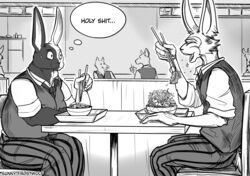  anthro background_character beastars clothing domestic_rabbit duo eating fan_character food harlequin_rabbit hi_res hybrid lagomorph lee_(greatlizardwizard) legoshi&#039;s_chimera_(beastars) leporid lunch male mammal monochrome oryctolagus oscar_(greatlizardwizard) overweight overweight_anthro overweight_male profanity rabbit salad school_uniform split_color sunny_frostwolf thought_bubble uniform 