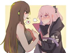  ... 2girls blush breasts brown_hair candy chocolate closed_mouth commentary ear_blush english_commentary food girls&#039;_frontline gloves grabbing grabbing_another&#039;s_breast green_hair guided_breast_grab guiding_hand heart highres jacket long_hair m4a1_(girls&#039;_frontline) m4a1_(mod3)_(girls&#039;_frontline) mouth_hold multicolored_hair multiple_girls pink_hair sleeveless spoken_ellipsis spoken_heart st_ar-15_(girls&#039;_frontline) st_ar-15_(mod3)_(girls&#039;_frontline) streaked_hair two-tone_hair yuri yuutama2804 