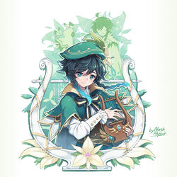  1boy androgynous barbatos_(genshin_impact) beret black_hair blue_hair blush bow braid cloak closed_mouth collared_cape collared_shirt commentary corset detached_wings elemental_(creature) faceless faceless_male flower frilled_sleeves frills gem genshin_impact gradient_hair green_eyes green_hat hair_flower hair_ornament hat highres holding holding_instrument hood hood_up hooded_cloak instrument leaf light_particles long_sleeves looking_at_viewer lyre male_focus multicolored_hair nameless_bard_(genshin_impact) north_abyssor shirt short_hair_with_long_locks sidelocks signature simple_background smile solo sparkle spirit twin_braids venti_(genshin_impact) vision_(genshin_impact) white_background white_flower white_shirt wings 