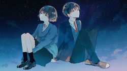  1boy absurdres arm_support bad_id bad_pixiv_id black_footwear black_legwear black_pants blue_jacket blue_skirt blue_sweater brown_footwear brown_hair closed_mouth collared_shirt commentary_request double_exposure facing_up female full_body hagimorijia highres jacket loafers long_sleeves looking_up neck_ribbon necktie original pants pleated_skirt red_necktie red_ribbon ribbon school_uniform shirt shoes short_hair sitting skirt sky smile star_(sky) starry_background starry_sky sweater white_shirt 