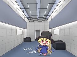  :d black_hat blonde_hair blush chibi clownpiece commentary cosplay english_text female hat highres indoors jamiroquai jay_kay jay_kay_(cosplay) long_hair looking_at_viewer open_mouth parody red_eyes shitacemayo smile solo top_hat touhou virtual_insanity_(song) 