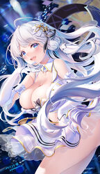  azur_lane bare_shoulders blue_eyes blush breasts cleavage dress female floating_hair gloves hair_ribbon idol illustrious_(azur_lane) illustrious_(muse)_(azur_lane) large_breasts long_hair looking_at_viewer mole mole_under_eye open_mouth paint_musume ribbon signature smile solo thighs twitter_username very_long_hair white_dress white_gloves white_hair 