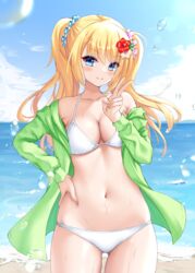  beach bikini blonde_hair blue_eyes blue_sky breasts cleavage cloud commentary_request day female green_jacket hair_flaps hair_ornament hair_scrunchie highres hood hooded_jacket horizon jacket kin-iro_loveriche kisaki_reina long_hair looking_at_viewer medium_breasts ncontrail_(mgax7527) ocean open_clothes open_jacket outdoors scrunchie sky solo standing swimsuit twintails v white_bikini 