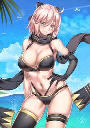  ahoge bad_id bad_pixiv_id bikini bird black_bikini black_bow black_gloves black_scarf black_thighhighs blonde_hair blue_sky bow breasts chinese_commentary commentary day elbow_gloves fate/grand_order fate_(series) female ge_(zmq67911029) gloves green_eyes hair_between_eyes hairbow highleg highleg_bikini layered_bikini navel ocean okita_j._souji_(fate) okita_j._souji_(first_ascension)_(fate) okita_souji_(fate) outdoors scarf single_elbow_glove single_glove single_thighhigh sky solo standing swimsuit thigh_strap thighhighs 