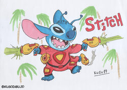  2019 4_arms 4_fingers alien antennae_(anatomy) black_eyes blue_body blue_claws blue_fur blue_nose claws clothed clothing dipstick_antennae disney dual_wielding experiment_(lilo_and_stitch) fingers fur head_tuft holding_object holding_weapon kusodibujo lilo_and_stitch multi_arm multi_limb multi_wielding multicolored_antennae notched_ear open_mouth palm_tree plant plasma_blaster_(lilo_and_stitch) plasma_gun ranged_weapon red_clothing simple_background solo spacesuit stitch_(lilo_and_stitch) traditional_media_(artwork) tree tuft watermark weapon white_background 