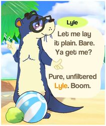  2023 animal_crossing anthro ball beach beach_ball biped black_nose blue_body blush convenient_censorship detailed_background dialogue english_text eyewear glasses high_rhulain inflatable lyle_(animal_crossing) mammal mustelid nintendo otter outside palm_tree plant seaside solo text tree 