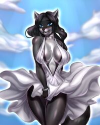  absurd_res anthro black_hair black_nose blue_eyes breasts clothing digital_media_(artwork) dress female hair hi_res jewelry mammal procyonid raccoon rebrokota sila_dione solo 