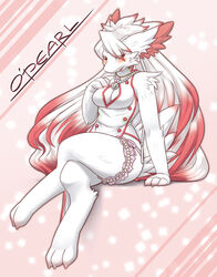  animal_ears animal_feet animal_hands arm_at_side bare_shoulders barefoot blush breasts bridal_garter buttons character_name character_request china_dress chinese_clothes claws cleavage cleavage_cutout clothing_cutout colored_eyelashes commentary_request crossed_legs dress english_text feet female full_body furry furry_female gradient_hair hair_ornament hairclip half-closed_eyes hand_on_own_chest hand_up handymonsters happy highres invisible_chair jewelry kame_(3t) legs long_hair looking_at_viewer medium_breasts multicolored_hair necklace open_mouth partial_commentary pearl_necklace pelvic_curtain pink_background red_eyes red_hair sitting sleeveless sleeveless_dress smile snout solo tail thighs two-tone_hair very_long_hair white_dress white_hair 