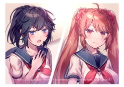  2girls ahoge ayano_aishi bad_id bad_pixiv_id black_hair blue_eyes blush breasts collarbone commentary english_text hair_ornament hair_scrunchie hand_on_own_chest large_breasts long_hair multiple_girls open_mouth osana_najimi_(yandere_simulator) ponytail red_eyes red_hair school_uniform scrunchie serafuku signature subtitled sweatdrop twintails yandere_simulator yuiki_yuu 