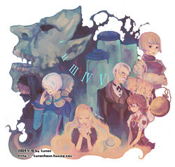  3boys 6+girls adjusting_eyewear ahoge black-framed_eyewear black_jacket black_neckwear blonde_hair blouse blue_eyes blue_shirt bob_cut bow bowtie brooch brown_eyes brown_hair brown_shirt brown_vest buttons character_request closed_eyes closed_mouth commentary covered_face dandelion_(ragnarok_online) dark_persona darkness dated demon ellisia_(ragnarok_online) elly_(ragnarok_online) extra_eyes facial_hair hair_over_one_eye hand_to_own_mouth jacket jewelry kanon_(rsl) kiel-d-01 kiel_hyre layered_clothes long_hair long_sleeves looking_at_viewer mask monster moustache multiple_boys multiple_girls necktie old old_man open_mouth own_hands_together pocket_watch puffy_long_sleeves puffy_short_sleeves puffy_sleeves ragnarok_online ring roman_numeral round_eyewear shirt short_hair short_sleeves signature simple_background striped_clothes striped_vest suit_jacket test_tube upper_body vest watch watermark web_address white_background white_hair white_shirt wing_collar 