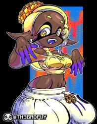  animal_humanoid blonde_hair breasts brown_body brown_skin cephalopod cephalopod_humanoid clothed clothing cross_pupils dark_body dark_skin ear_piercing fangs female frye_(splatoon) hair hi_res humanoid humanoid_pointy_ears inkling marine marine_humanoid midriff mollusk mollusk_humanoid nintendo open_mouth piercing pseudo_hair purple_tongue smile solo splatoon teeth tentacle tentacle_hair th3gadfly tongue topwear yellow_clothing yellow_eyes yellow_topwear 