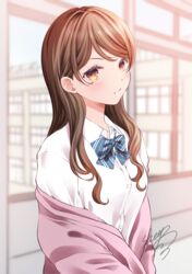  :t bad_id bad_pixiv_id blue_bow blurry blurry_background blush bow breasts brown_eyes brown_hair cardigan closed_mouth collared_shirt commentary_request depth_of_field diagonal_stripes dress_shirt female highres indoors long_hair looking_at_viewer off_shoulder open_cardigan open_clothes original pink_cardigan pout school_uniform sheepd shirt signature small_breasts solo striped striped_bow swept_bangs upper_body white_shirt window 