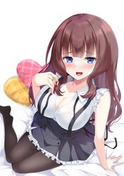  arm_at_side assault_lily bed_sheet black_ribbon black_skirt blunt_bangs blush breasts brown_hair brown_pantyhose cleavage collarbone collared_shirt commentary female foot_out_of_frame frilled_shirt frilled_skirt frills from_above gungun_(hakutou7887) hand_up heart heart-shaped_pillow high-waist_skirt jewelry kaede_johan_nouvel large_breasts long_hair looking_up miniskirt neck_ribbon no_shoes open_mouth pantyhose partially_unbuttoned pillow raised_eyebrows ribbon ring school_uniform shirt sidelocks simple_background sitting skirt sleeveless sleeveless_shirt smile solo suspender_skirt suspenders undone_neck_ribbon wavy_hair white_background white_shirt yokozuwari yurigaoka_girls_academy_school_uniform 