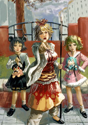  3girls amibazh animal_ears animal_print ankle_socks belt bishamonten&#039;s_spear black_belt black_footwear black_hair black_ribbon blonde_hair breasts broom character_doll chinese_commentary commentary_request dog_ears dress faux_traditional_media fumo_(doll) fur_trim green_eyes green_hair grey_dress grey_skirt grey_vest hagoromo hatsune_miku hood inaba_tewi kasodani_kyouko layered_clothes lips long_hair long_sleeves medium_breasts mouse_ears mouse_girl mouse_tail multicolored_hair multiple_girls nazrin neck_ribbon o-ring orange_skirt outdoors pointing pointing_at_viewer red_dress red_eyes red_skirt ribbon shawl shirt shoes short_hair skirt skirt_set slit_pupils socks standing streaked_hair tail texture tiger_ears tiger_print tiger_tail toramaru_shou touhou tree two-tone_hair vest vocaloid weapon white_shirt white_socks wide_sleeves yellow_eyes yukkuri_shiteitte_ne 