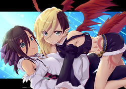  2girls absurdres armpit_crease bare_shoulders black_border black_skirt blonde_hair blue_background border breasts brown_hair closed_mouth clothing_cutout commentary_request detached_sleeves dragon_girl dragon_horns dragon_wings drawstring dual_persona earrings eyes_visible_through_hair from_side fur-trimmed_skirt fur-trimmed_sleeves fur_trim green_eyes grin hair_between_eyes head_wings highres hood hood_down hoodie horns jewelry kaya_(princess_connect!) kaya_(real)_(princess_connect!) letterboxed long_hair looking_at_viewer lying medium_breasts midriff miniskirt multicolored_hair multiple_girls outside_border parted_lips pointy_ears princess_connect! red_horns red_wings ryuki_(ryukisukune) selfcest shoulder_cutout signature skirt smile two-tone_hair v-shaped_eyebrows white_hoodie wings yuri 