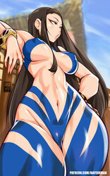  alternate_hair_length alternate_hairstyle bad_id bad_twitter_id bayeuxman bodypaint bracelet breasts brown_hair chun-li covered_nipples eyeshadow female hair_down highres inactive_account jewelry large_breasts lipgloss long_hair makeup midriff painted_clothes solo street_fighter street_fighter_6 thick_thighs thighs variant_set 