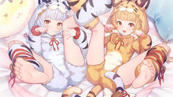  2girls animal_ears animal_hood animal_print bai_(granblue_fantasy) barefoot bell blonde_hair blush breasts erune feet foot_out_of_frame granblue_fantasy grey_hair highres hood huang_(granblue_fantasy) jingle_bell legs long_sleeves looking_at_viewer lying multiple_girls nail_polish oerba_yun_fang on_back open_mouth pajamas paw_pose pillow red_eyes siblings sisters small_breasts smile soles spread_legs tail tiger_ears tiger_girl tiger_hood tiger_print tiger_stripes tiger_tail toe_scrunch toenail_polish toenails toes twins twintails yellowpaint. 