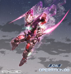  afterimage battle_spirits beam_saber dual_wielding glowing glowing_eye green_eyes gundam gundam_00 gundam_exia holding holding_weapon looking_down mecha mobile_suit morishita_naochika no_humans official_art robot science_fiction solo trans-am v-fin weapon 