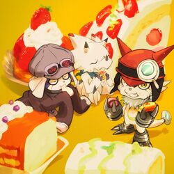  1:1 anthro appmon appmon_(species) bandai_namco bandana black_claws cake claws dessert digimon digimon_(species) digimon_ghost_game eating food fruit gammamon gatchmon group horn kerchief kubota_keita male offmon one_eye_closed plant strawberry trio white_body wink 